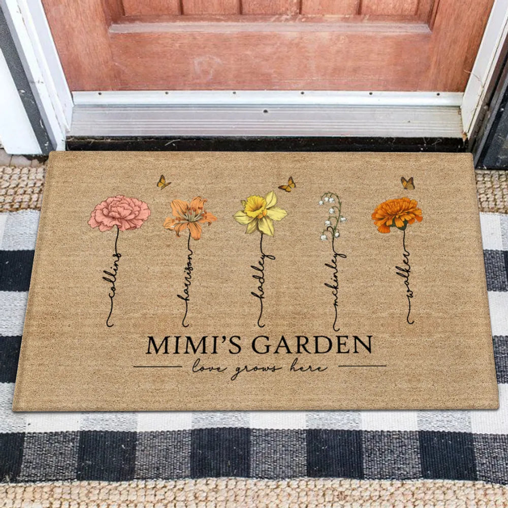 Shineful Doormat Grandma‘s Garden Love Grows Here Vintage Birth Flowers Swirl Name Personalized Door Mat