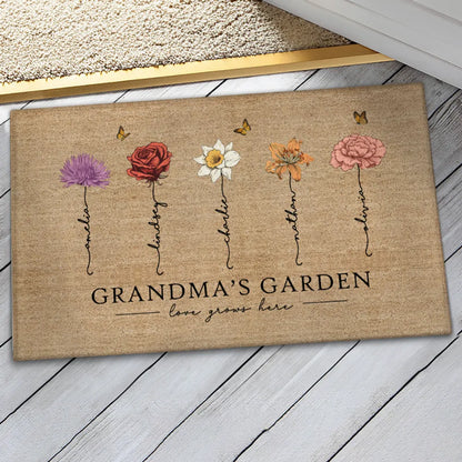 Shineful Doormat Grandma‘s Garden Love Grows Here Vintage Birth Flowers Swirl Name Personalized Door Mat