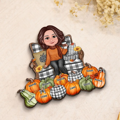 Grandma Sitting On Chair Pumpkins Personalized 2-Layer Wooden Plaque, Fall Season Decor