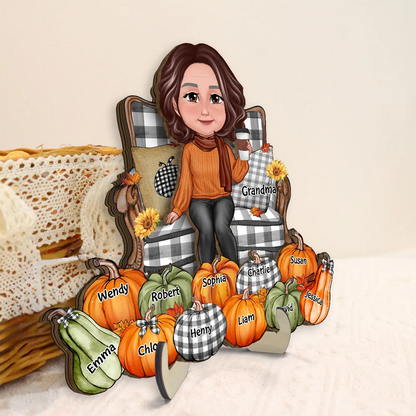 Grandma Sitting On Chair Pumpkins Personalized 2-Layer Wooden Plaque, Fall Season Decor