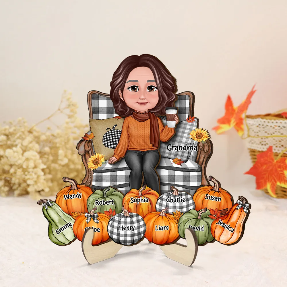 Grandma Sitting On Chair Pumpkins Personalized 2-Layer Wooden Plaque, Fall Season Decor