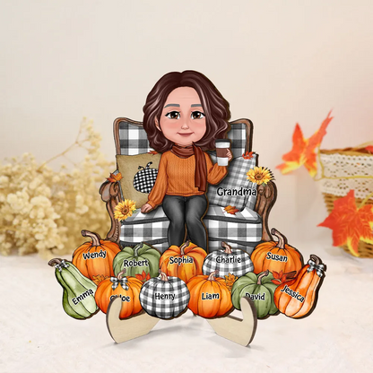 Grandma Sitting On Chair Pumpkins Personalized 2-Layer Wooden Plaque, Fall Season Decor