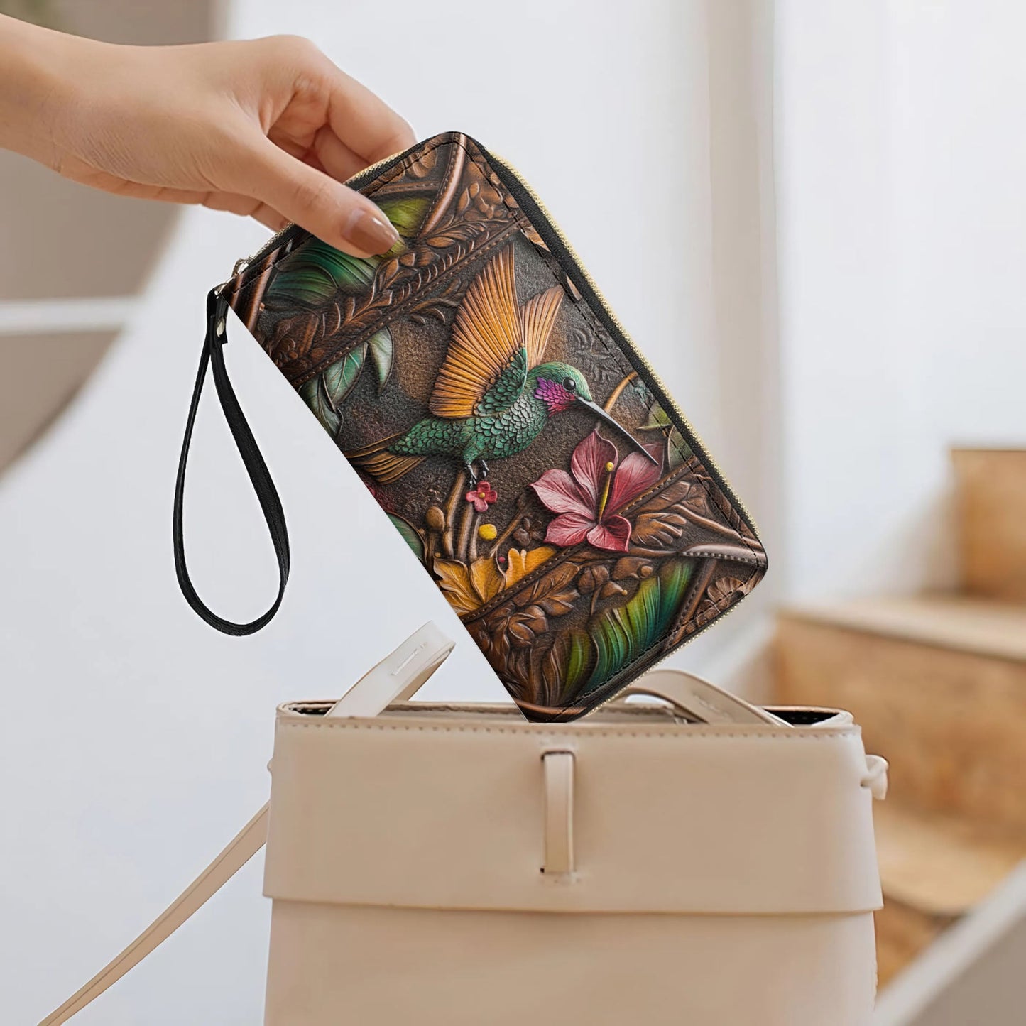 Shineful Leather Clutch Purse With Wristlet Strap Handle Embossed Hummingbird