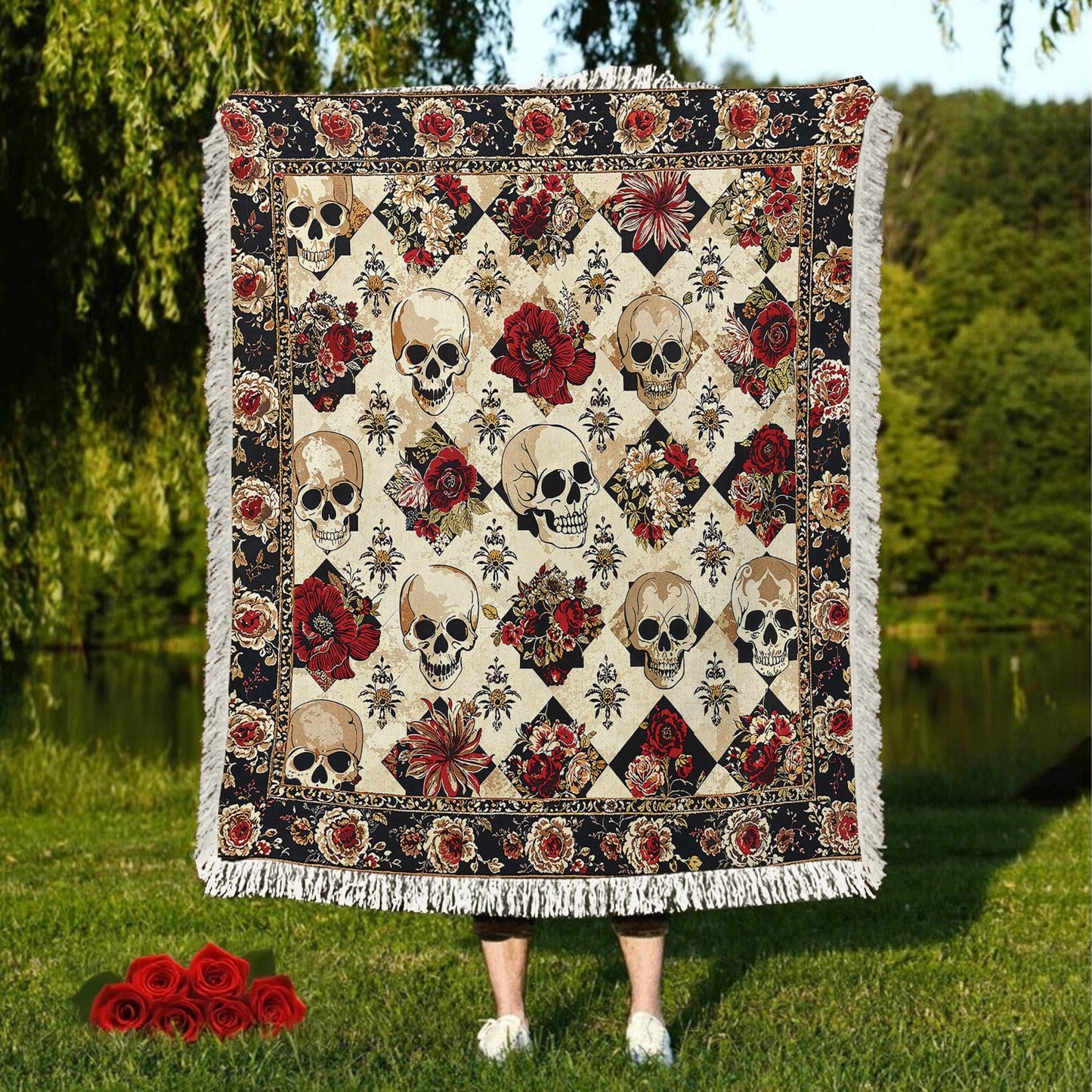 Shineful Woven Tapestry Throw Blanket - Elegant Skull Roses