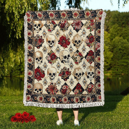 Shineful Woven Tapestry Throw Blanket - Elegant Skull Roses