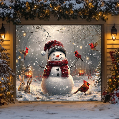 Shineful Garage Door Banner Decoration Winter Forest Snowman With Cardinals
