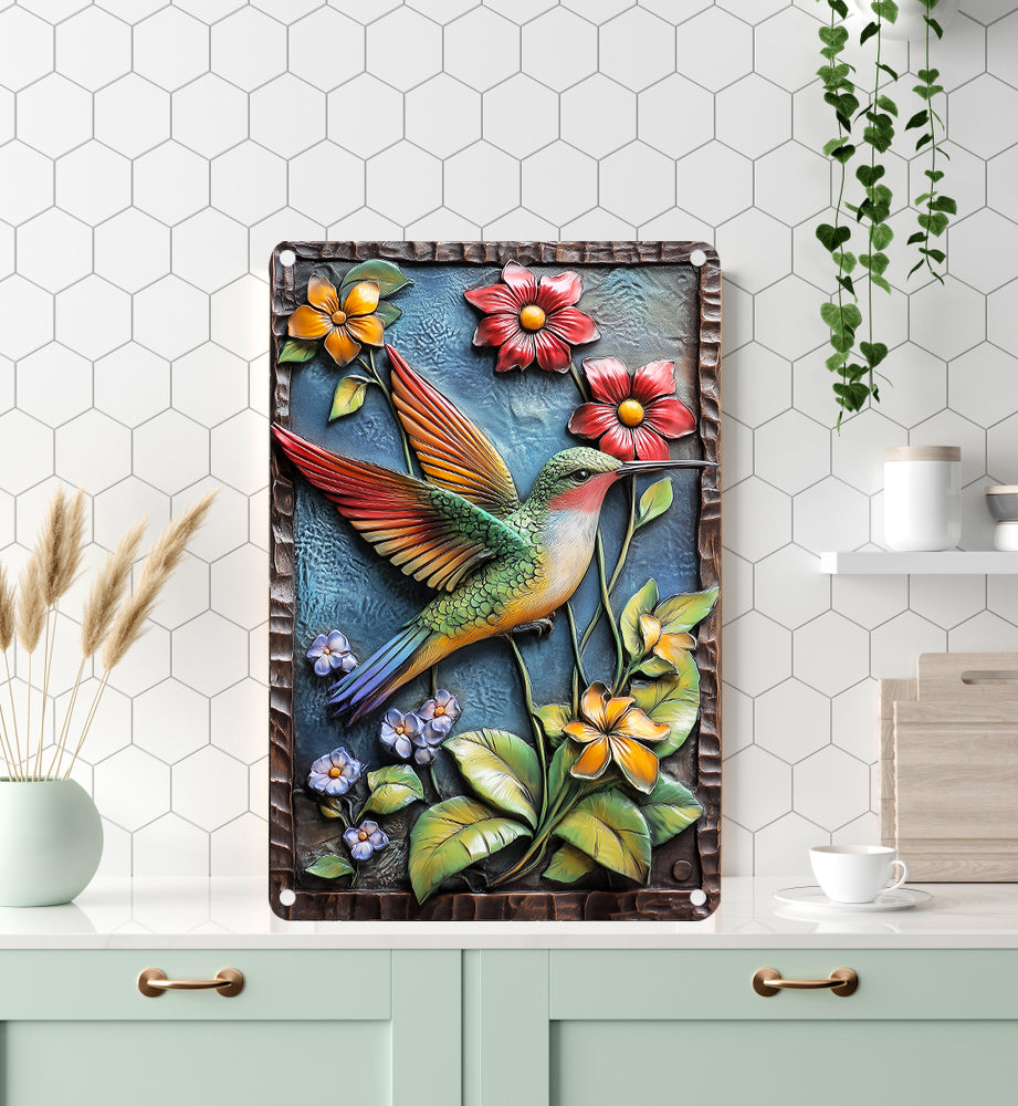 Shineful 2D Metal Sign Colorful Floral Hummingbird