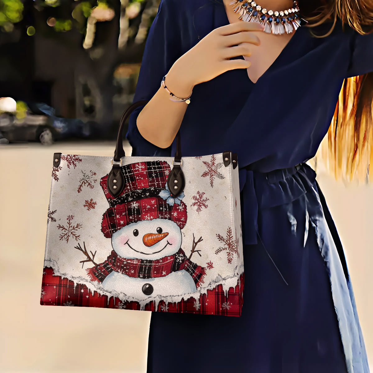 Shineful Leather Bag Plaid Snowman Joy