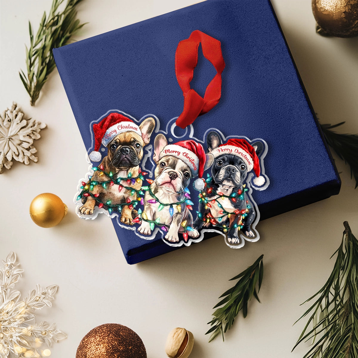 Ornement en acrylique brillant Frenchie Festive Fun