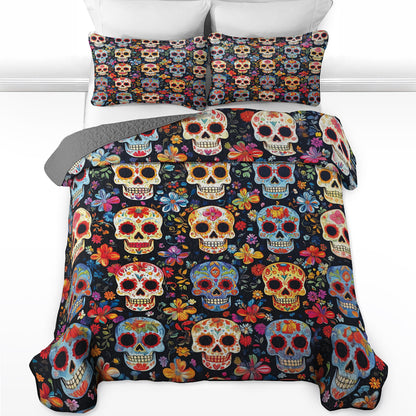 Shineful All Season Quilt 3-Piece Set - Colorful Skulls & Blooms