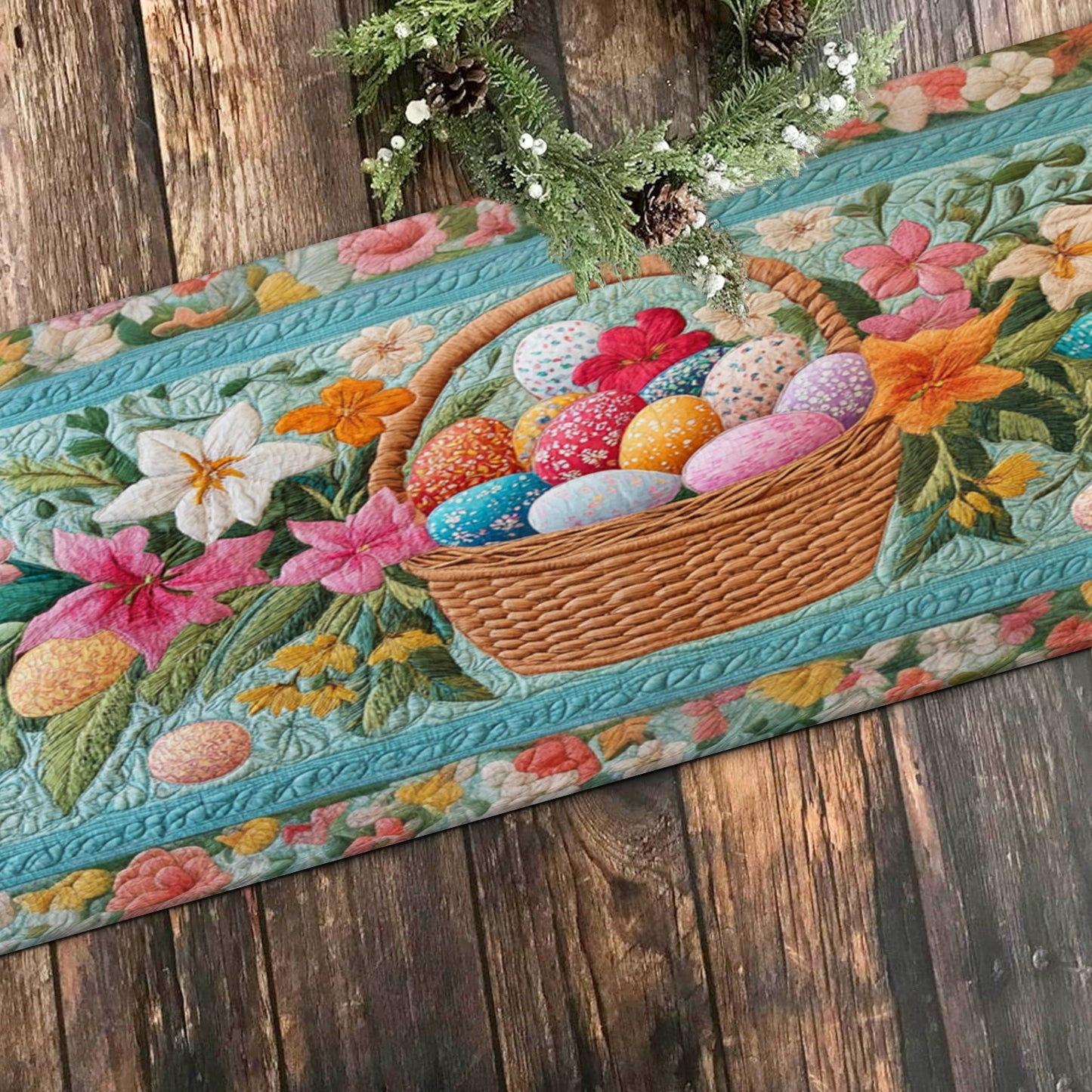 Shineful 2D Flat Print Quilted Table Runner Easter Floral Eggs Basket