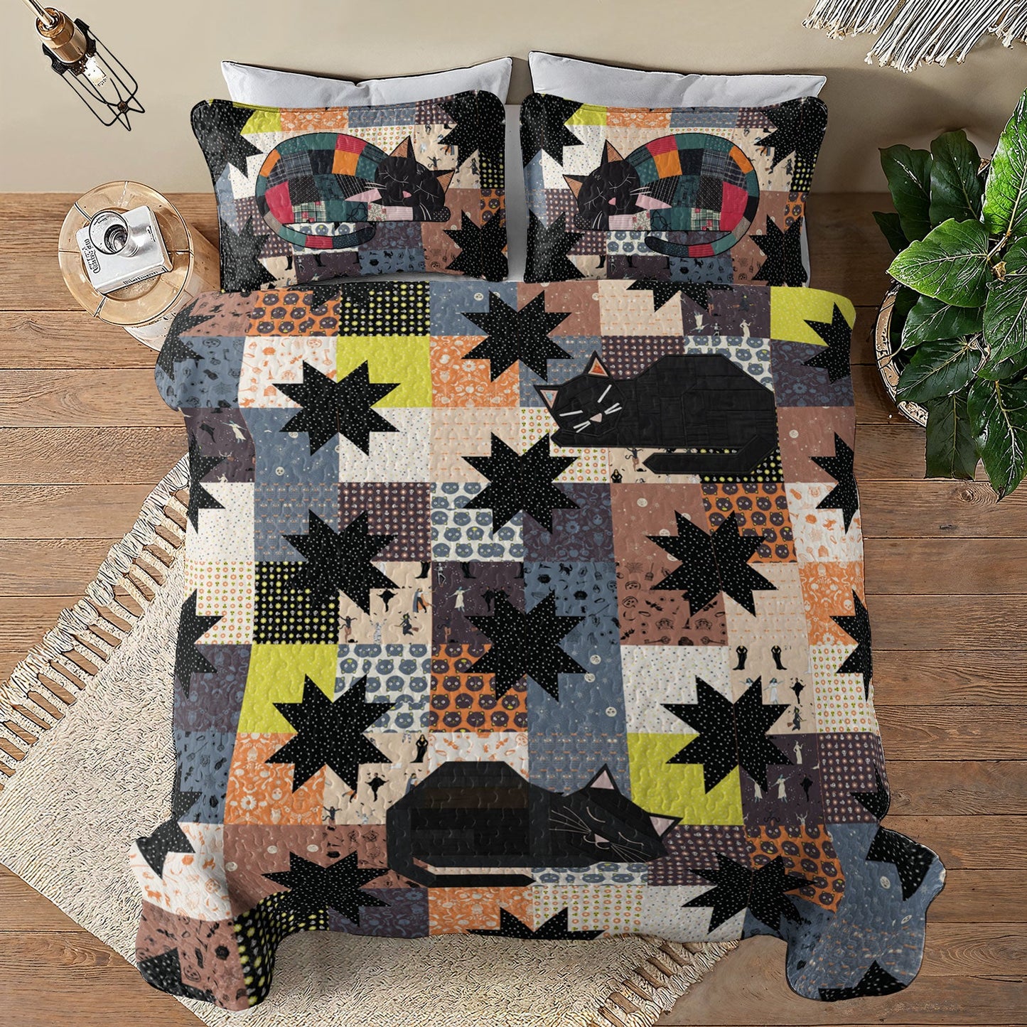 Shineful All Season Quilt 3-Piece Set Star Blocks Sleeping Black Cats