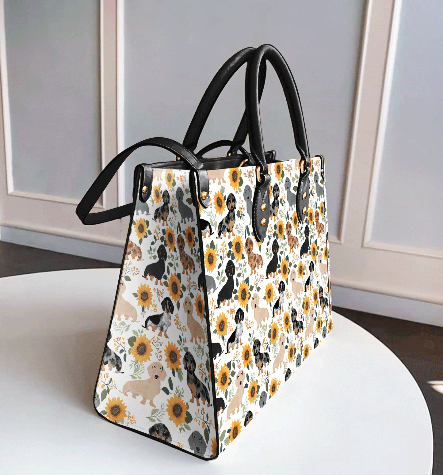 Glänzende Ledertasche Dackel &amp; Sonnenblumen