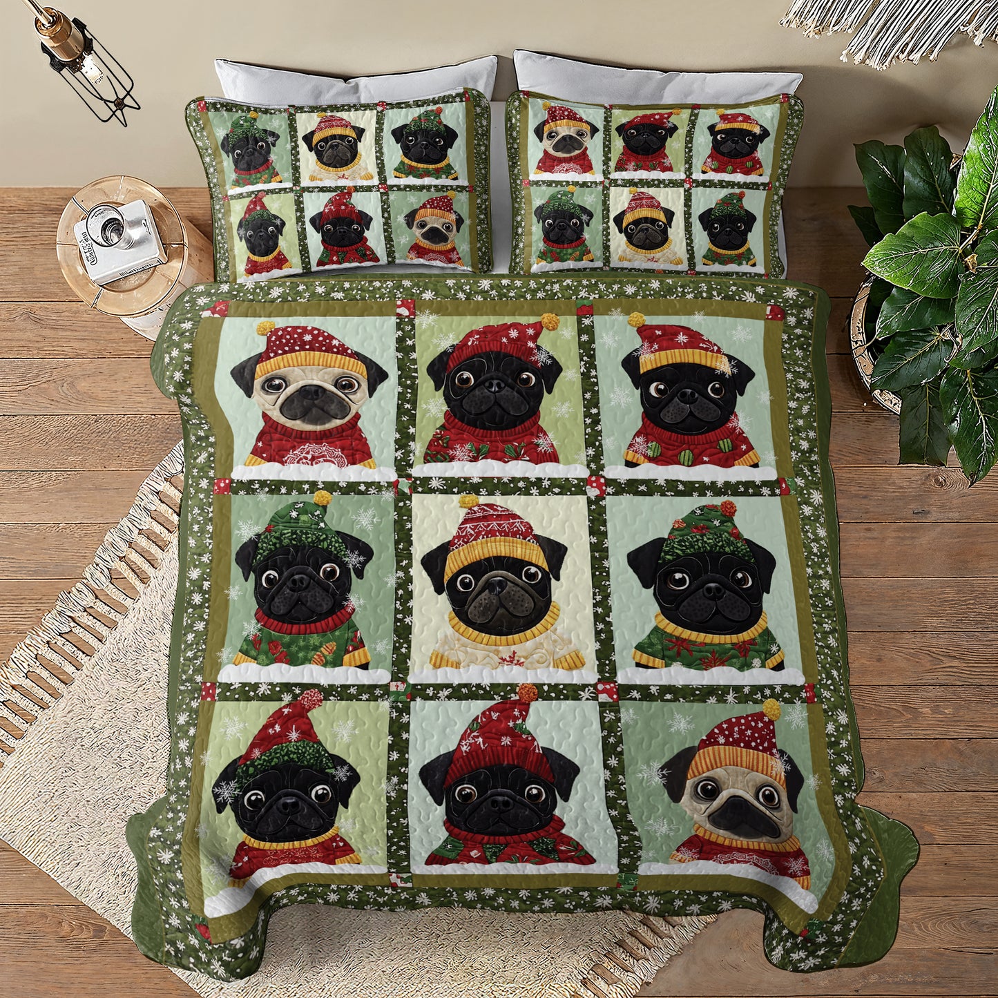 Shineful Flat Print All Season Quilt 3-Piece Set Christmas Wintery Puggy