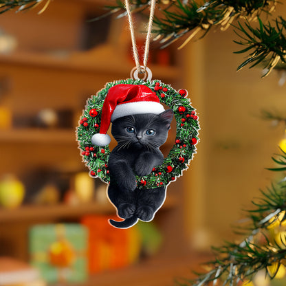 Shineful 2D Acrylic Ornament Naughty Cat With Holly Berry Wreath