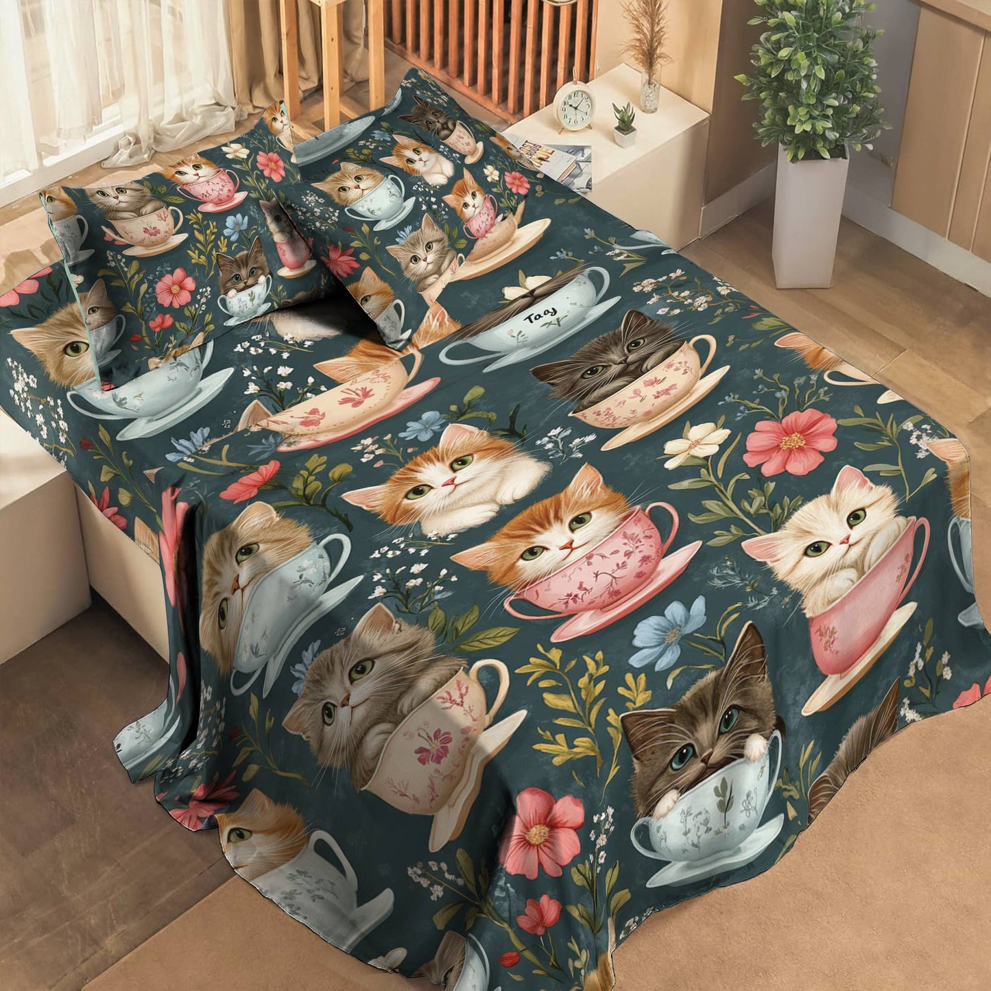 Shineful 4-Piece Bed Sheet Set Cups of Cat