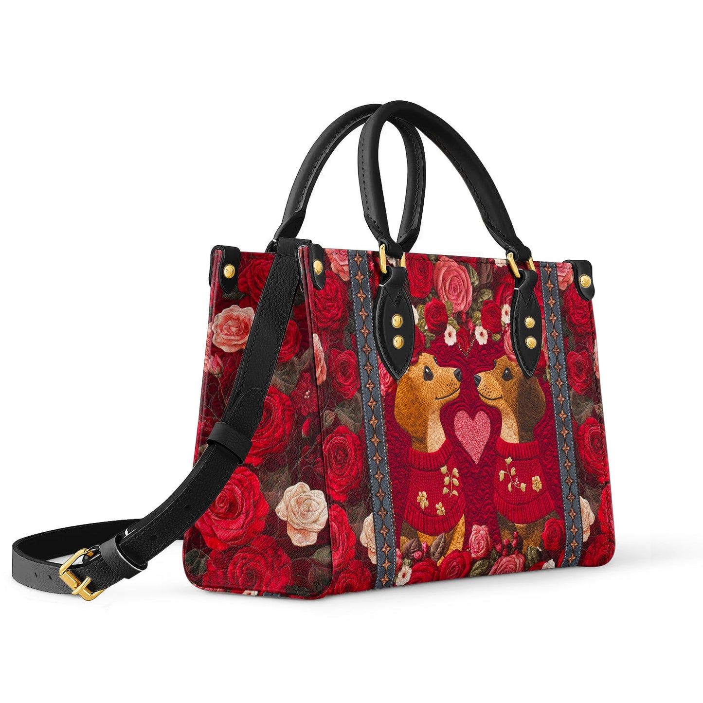 Glänzende Ledertasche Herz Blumen Dackel Paar