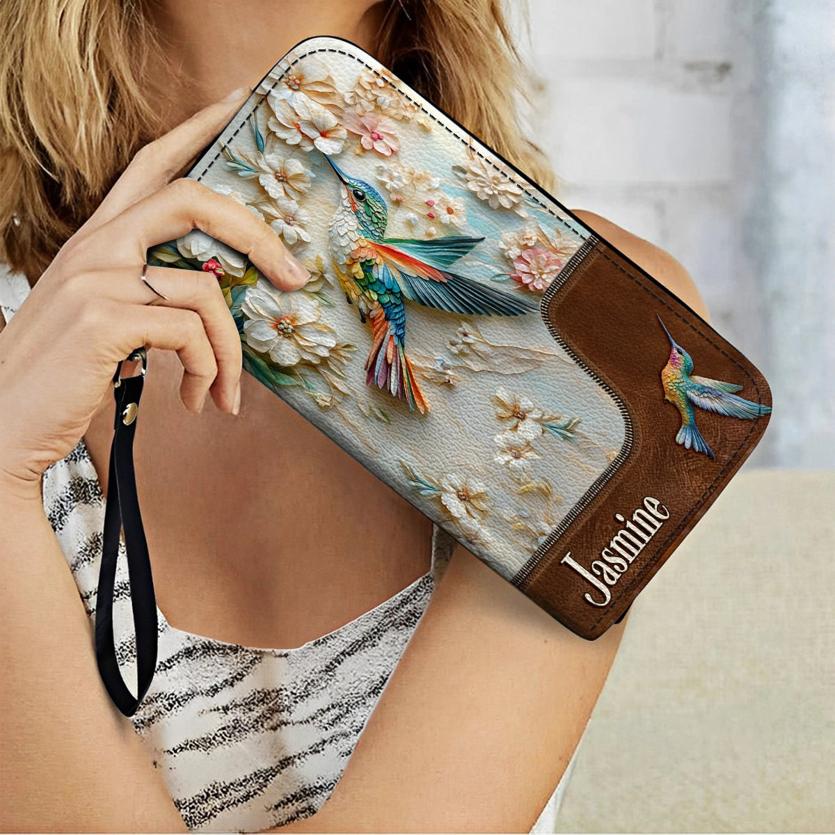 Shineful Leather Clutch Purse With Wristlet Strap Handle Personalized Wings of Bloom