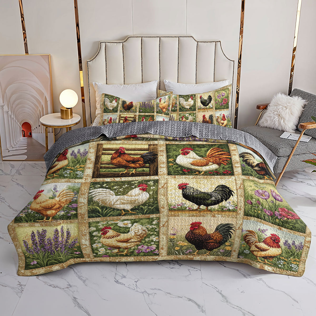 Shineful All Season Quilt 3-Piece Set Floral Chicken Vintage