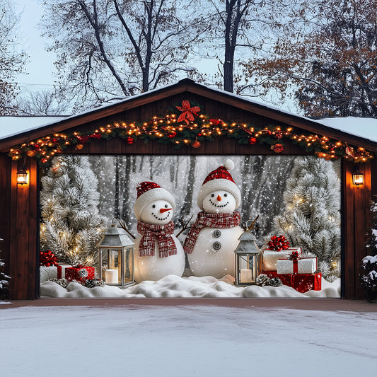 Shineful Garage Door Banner Decoration Winter Forest Cheerful Snowman Couple