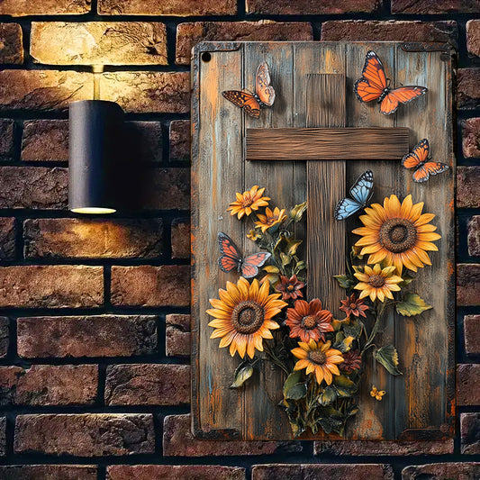 Shineful 2D Metal Sign Wood Cross And Sunflowers