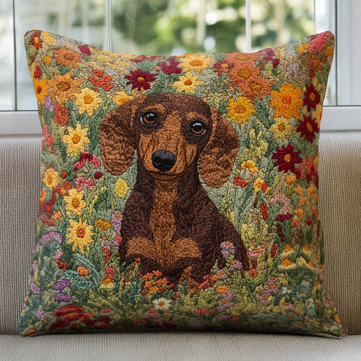 Shineful Pillow 2D Flat Print Blooming Dachshund Delight