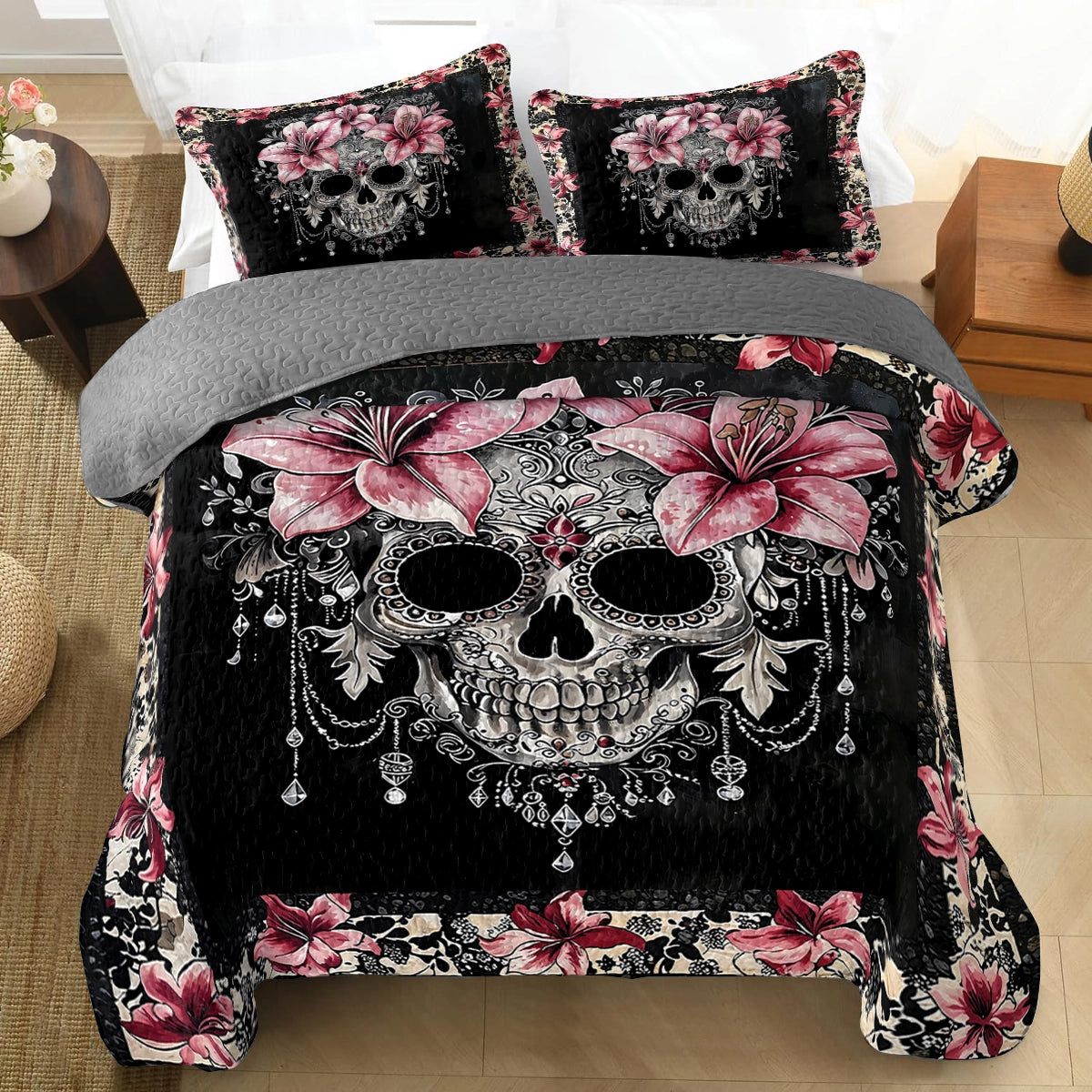 Shineful All Season Quilt 3-Piece Set - Beautiful Sugar Skull With Lilies