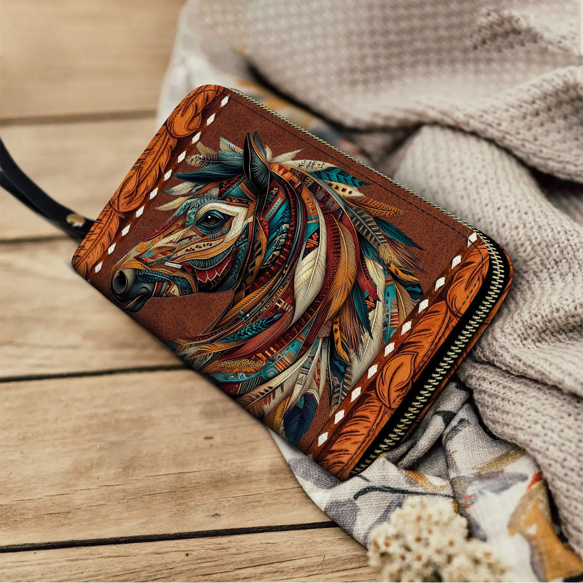 Shineful Leather Clutch Purse With Wristlet Strap Handle Tribal Horse Majesty