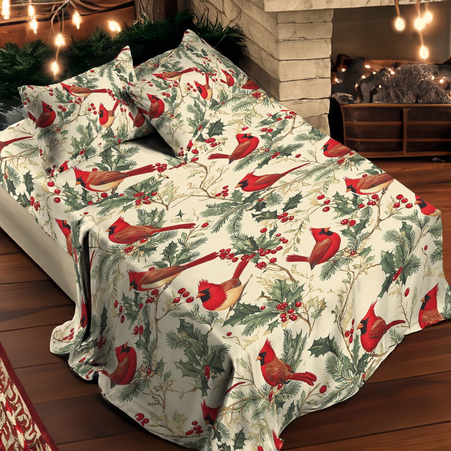 Shineful 4-Piece Bed Sheet Set - Winter Cardinal Harmony