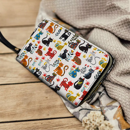 Shineful Leather Clutch Purse With Wristlet Strap Handle Cute Whimsical Cat