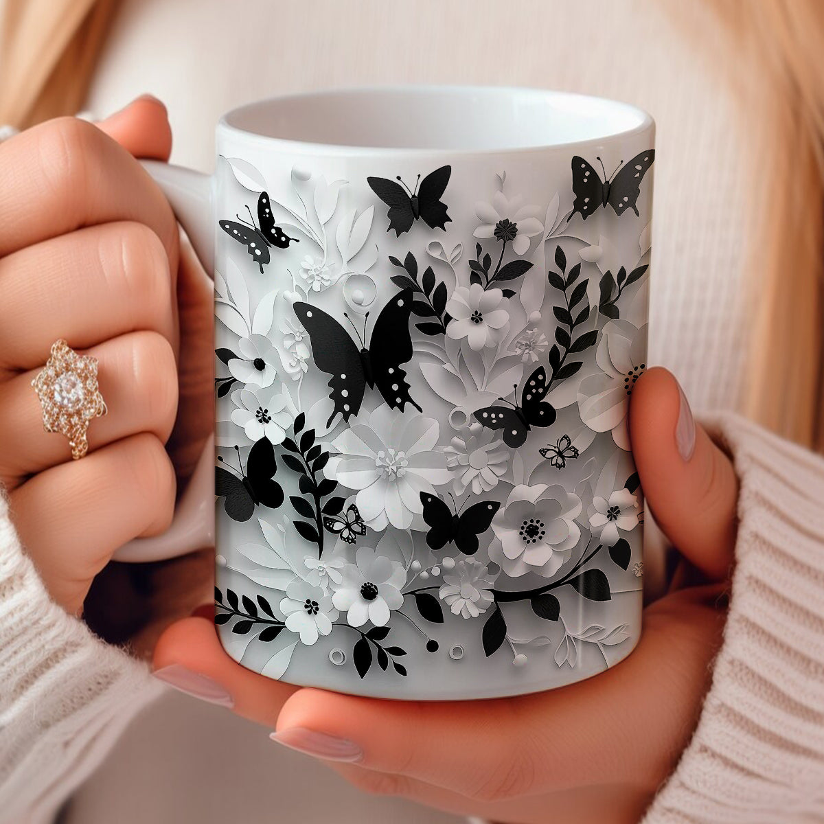 Shineful Ceramic Mug Monochrome Elegance: Floral Butterfly