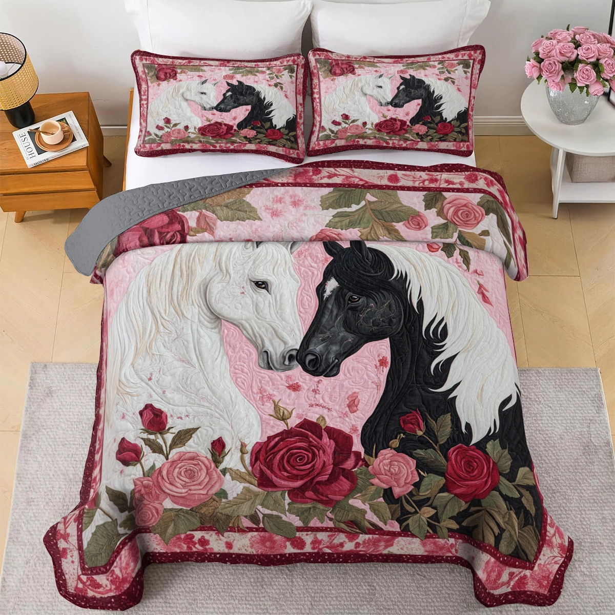 Shineful All Season Quilt 3-Piece Set Romantic Rose Horse