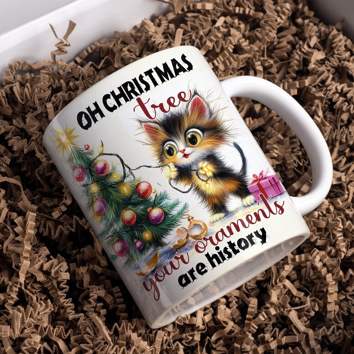 Tasse en céramique brillante Chat de Noël coquin ou gentil