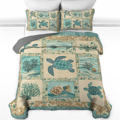 Shineful All Season Quilt 3-Piece Set - AquaMarine Sea Turtle Patchwork