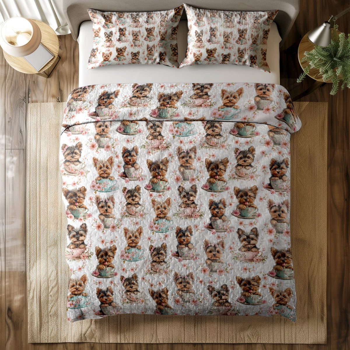 Ensemble de courtepointe toutes saisons Shineful 3 pièces - Yorkie Teacup Snuggle