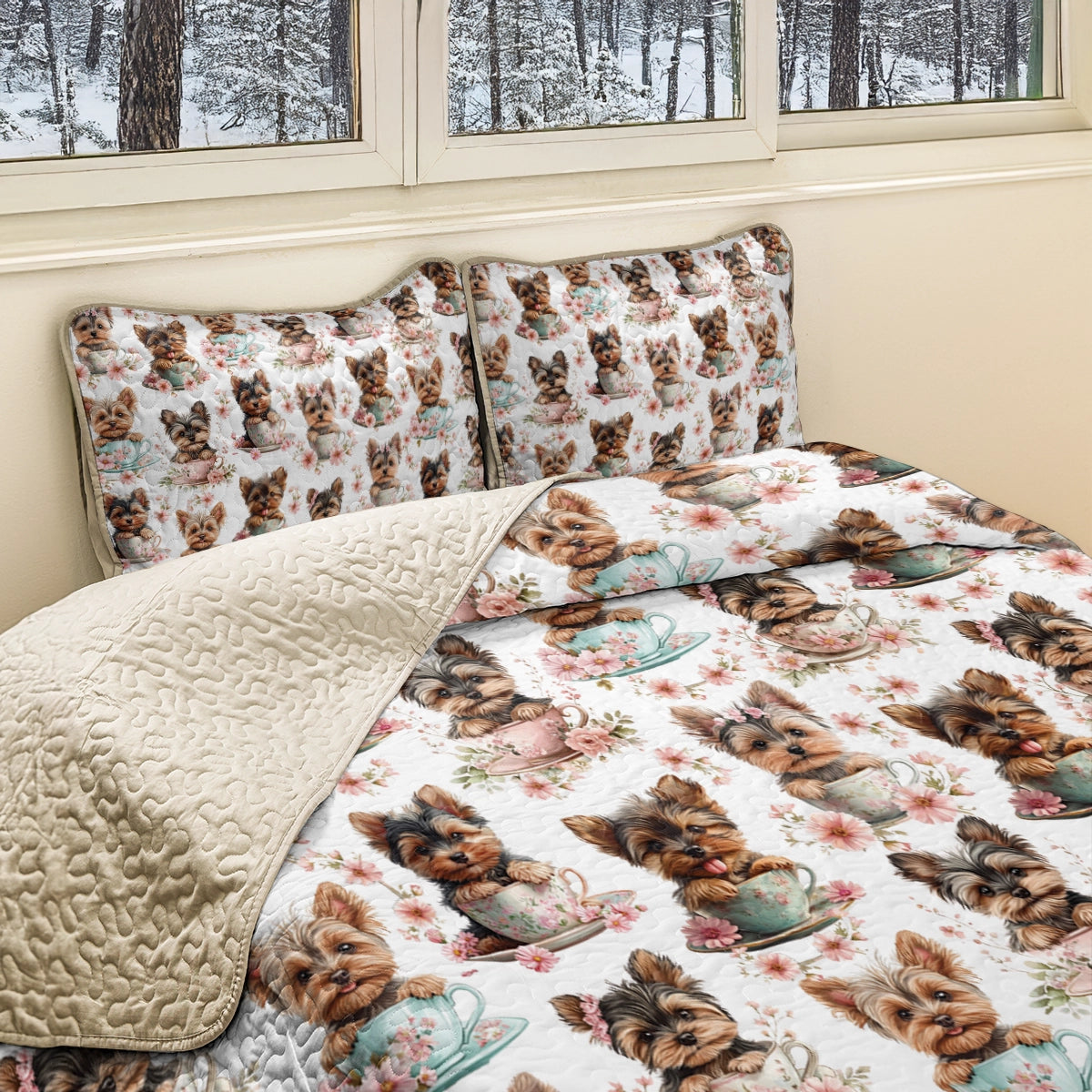 Shineful All Season Quilt 3-Piece Set - Yorkie Teacup Snuggle