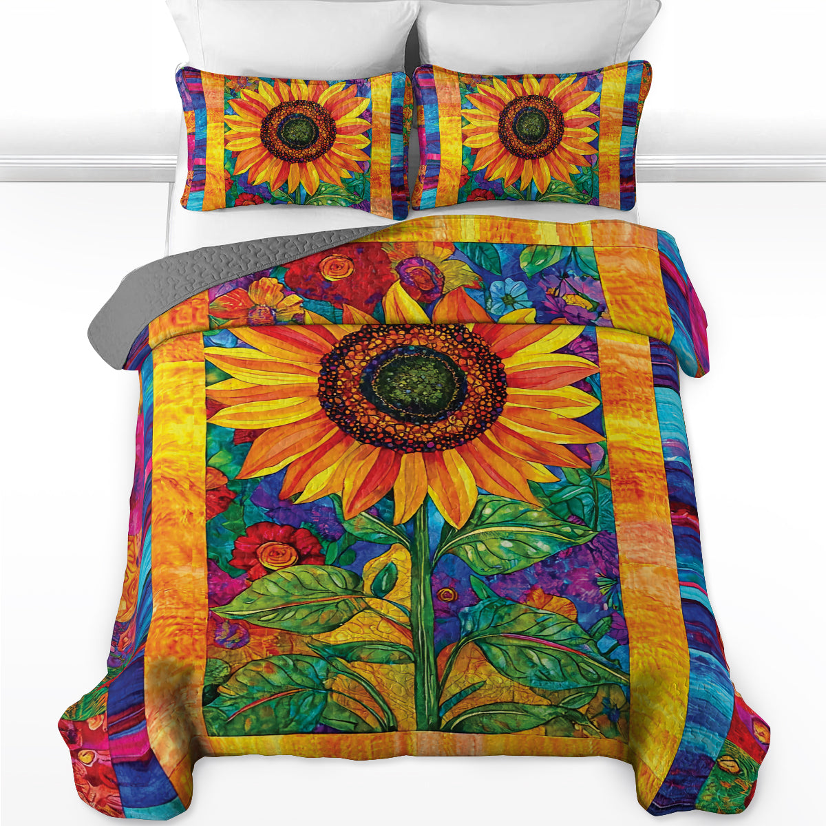 Shineful All Season Quilt 3-Piece Set Colorful Sunflower