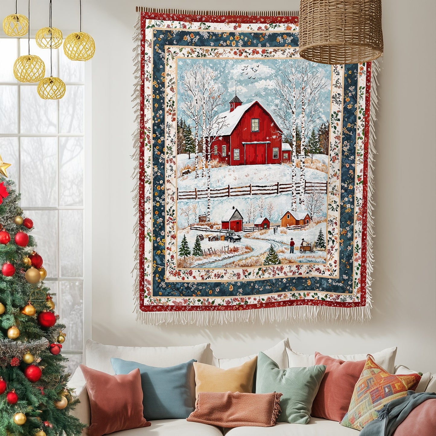 Shineful Woven Tapestry Throw Blanket - Red Barn Christmas