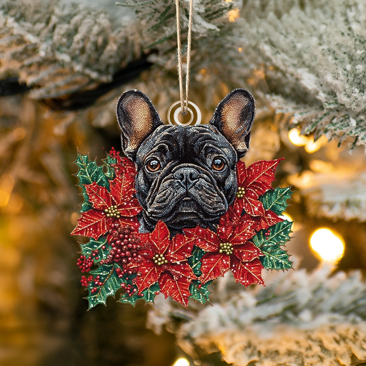 Shineful 2D Acrylic Ornament - Festive Frenchie Poinsettia