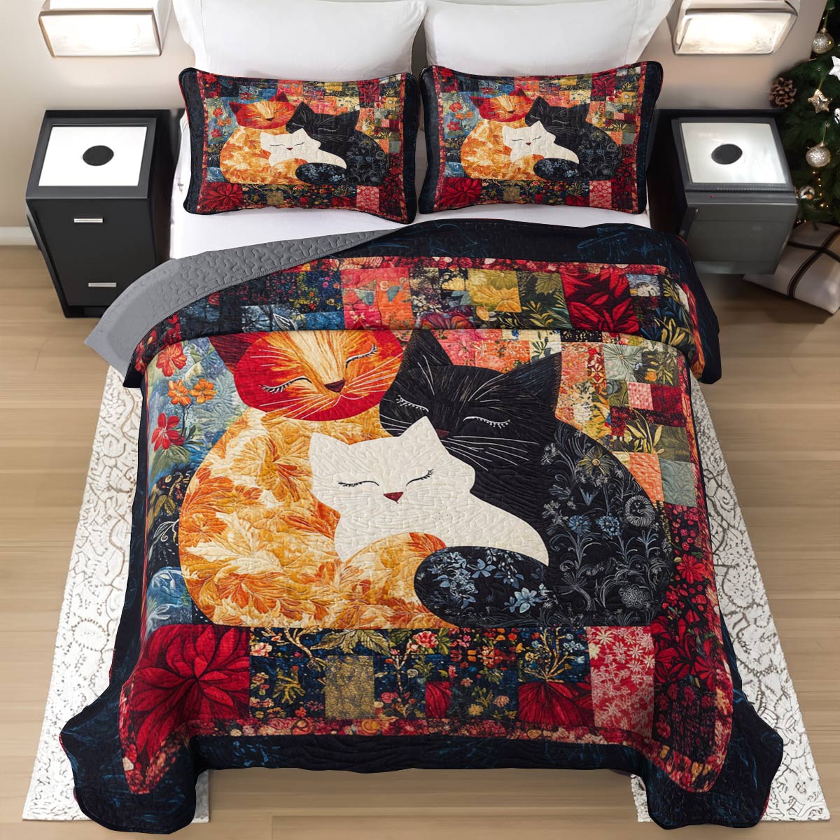 Shineful All Season Quilt 3-Piece Set Vintage Floral Family Cats