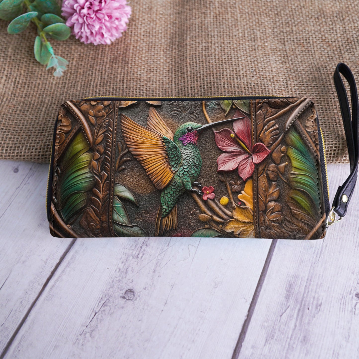 Shineful Leather Clutch Purse With Wristlet Strap Handle Embossed Hummingbird