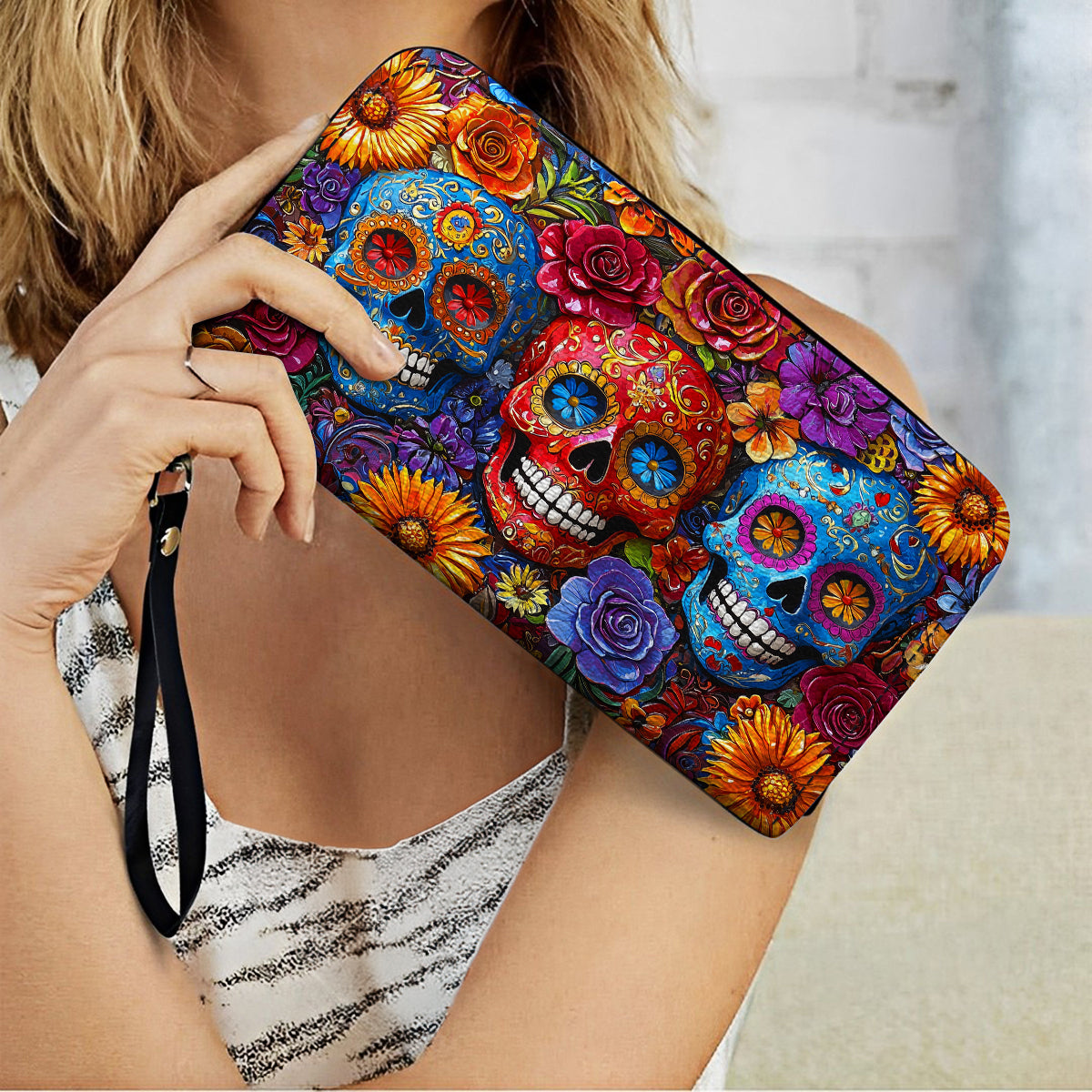 Shineful Leather Clutch Purse With Wristlet Strap Handle Vibrant Sugar Skull