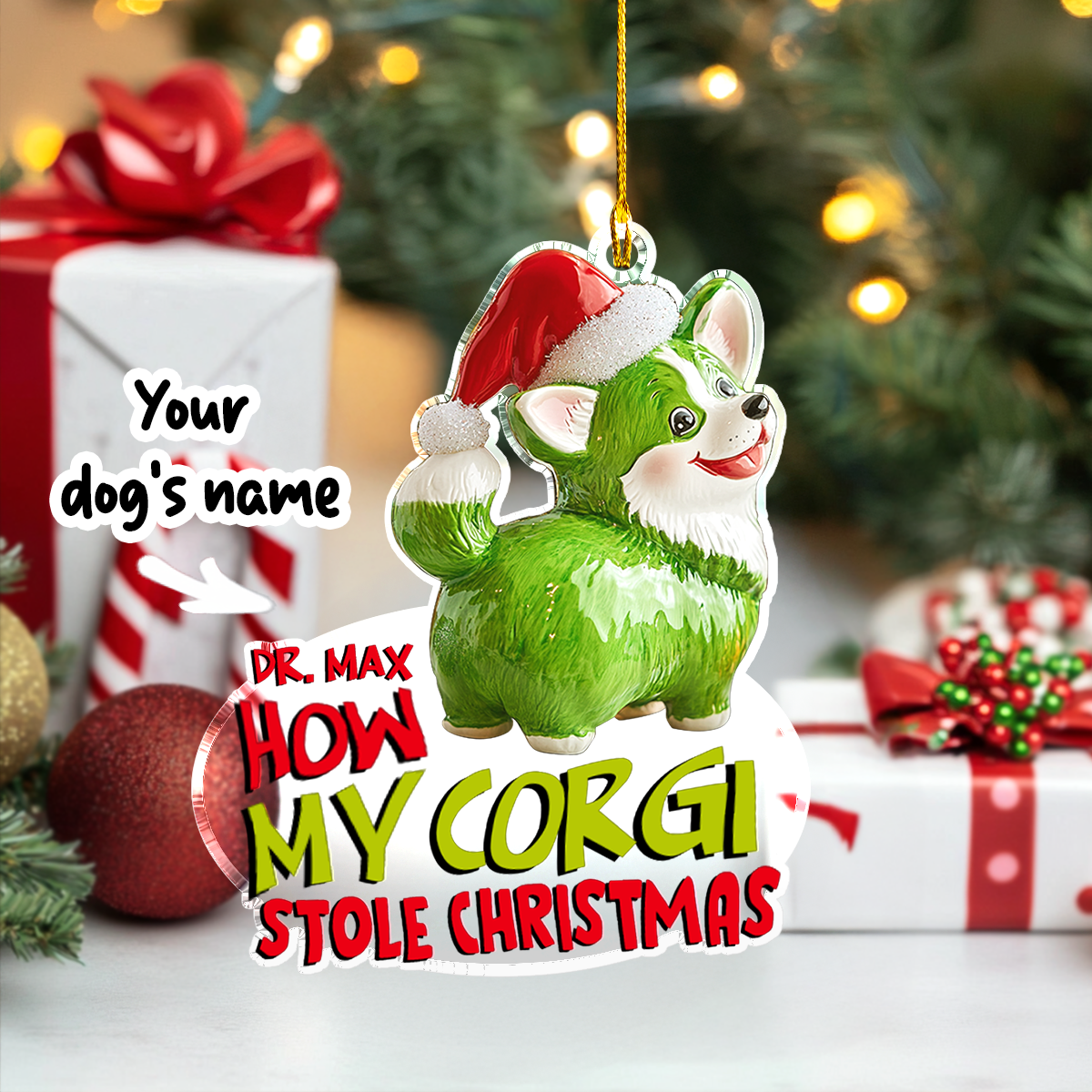 Glänzendes personalisiertes 2D-Ornament aus Acryl „Wie mein Corgi Weihnachten gestohlen hat“