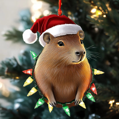 Ornement en acrylique brillant personnalisé Capybara Festive Lights