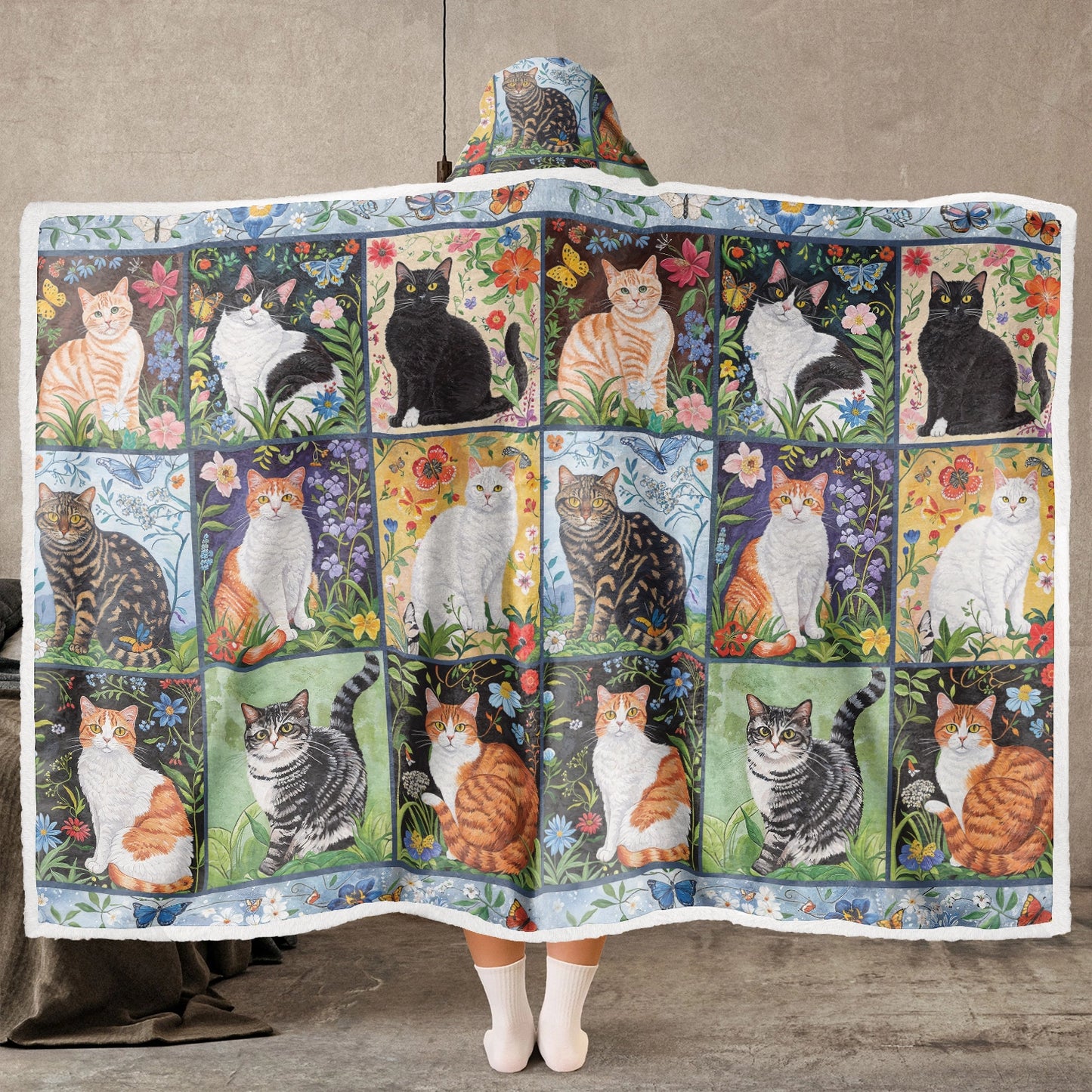 Couverture à capuche portable brillante - Chats et félins floraux