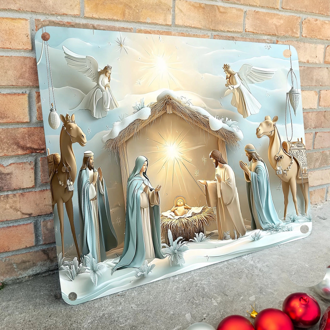 Shineful 2D Metal Sign Christmas Nativity Scene with Radiant Angels