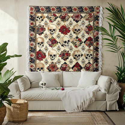 Shineful Woven Tapestry Throw Blanket - Elegant Skull Roses