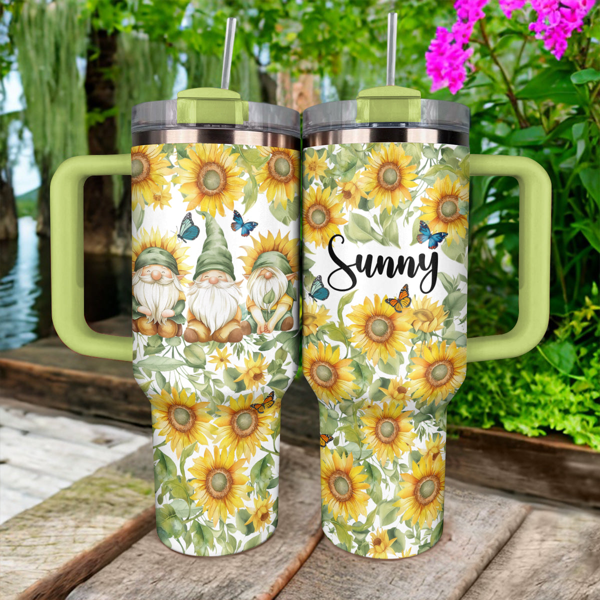 Glänzender Becher Personalisiert Sonnenblumen Gnome Haven