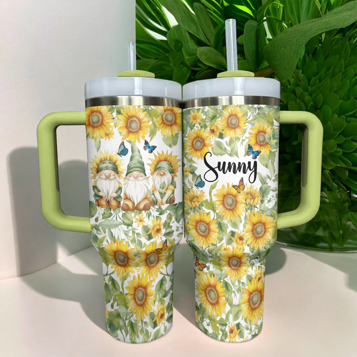 Glänzender Becher Personalisiert Sonnenblumen Gnome Haven