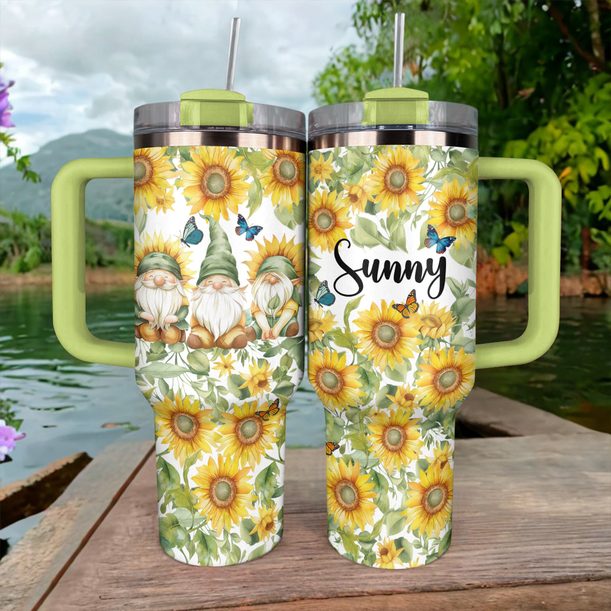 Glänzender Becher Personalisiert Sonnenblumen Gnome Haven